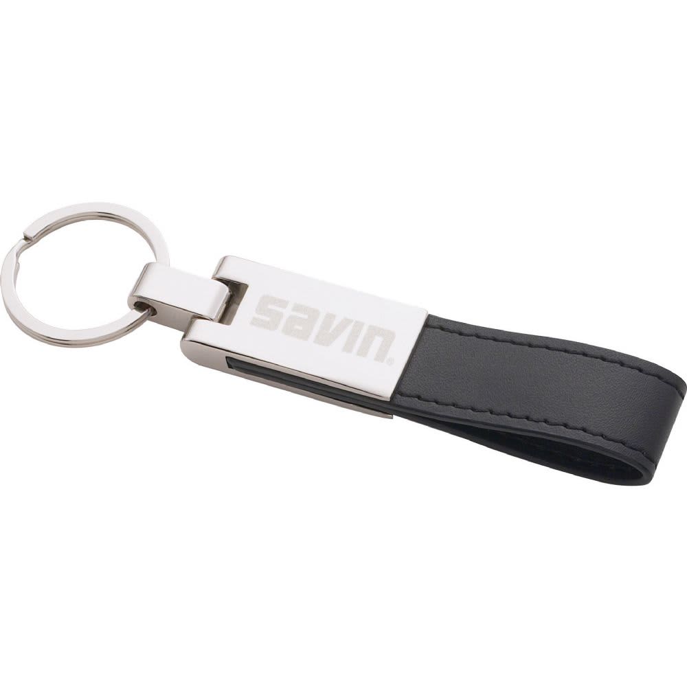 A silver key ring with a black faux leather strap and a logo on the metal part. UltraHyde / Silver Key Ring - Image 1