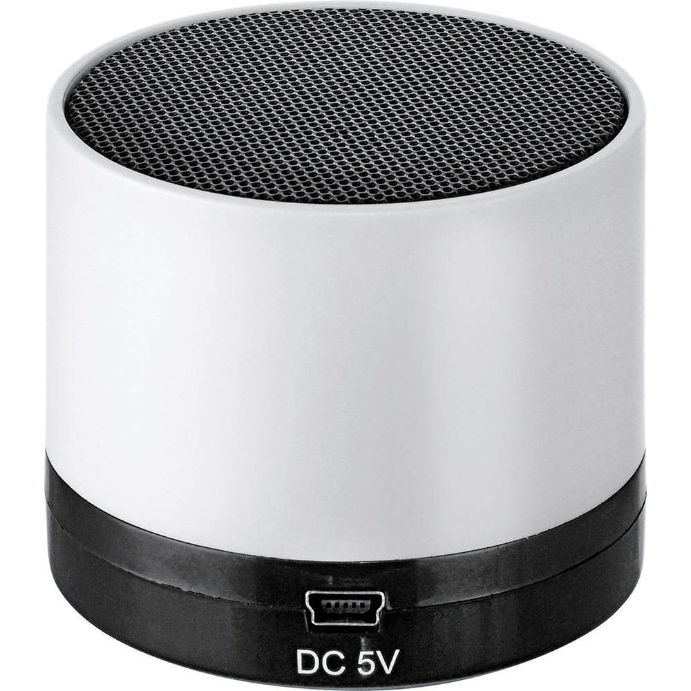 A cylindrical Bluetooth speaker in white and black with a mesh top and a charging port at the base. Cylinder Bluetooth Speaker - Image 1