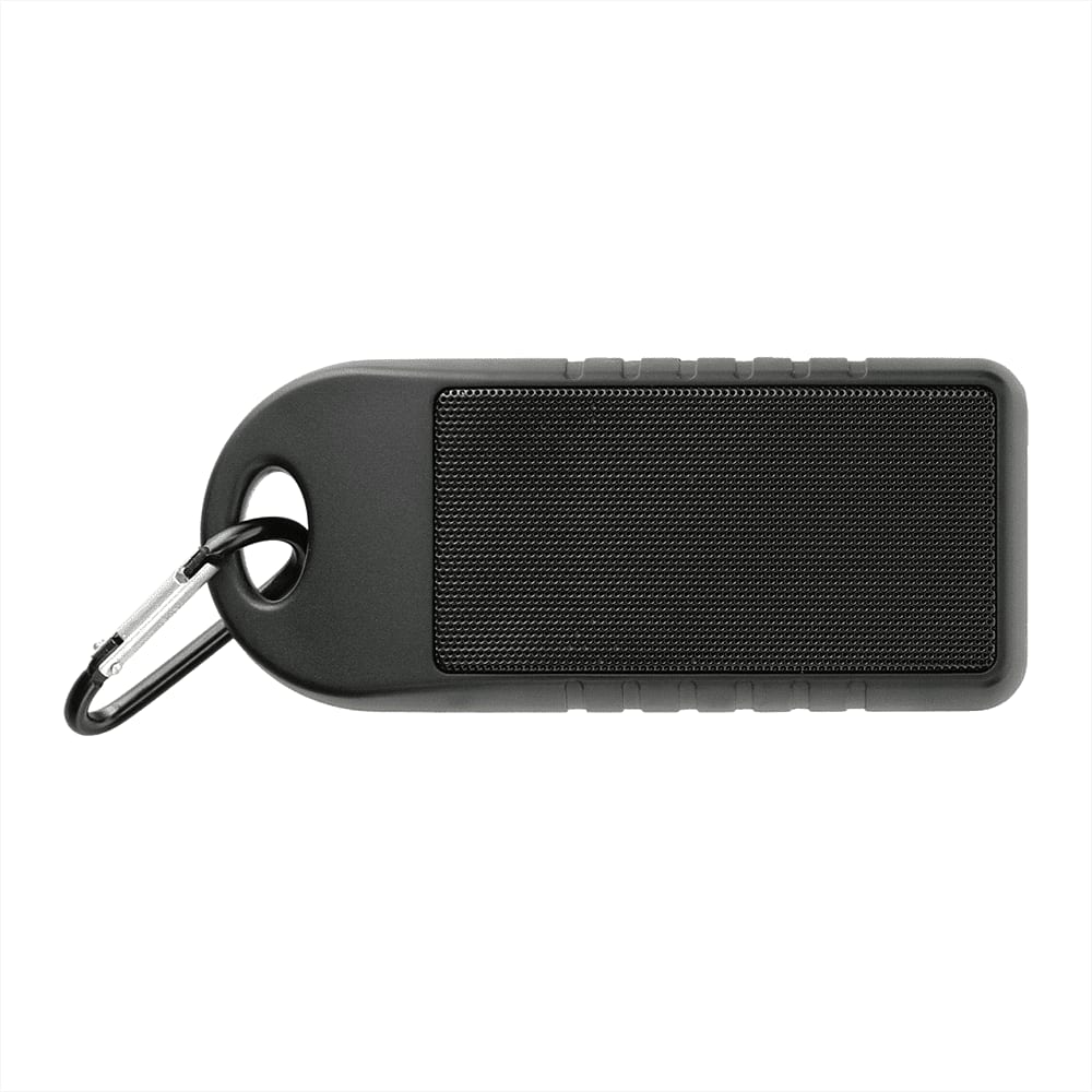 A portable black Bluetooth speaker with a textured surface and a carabiner for attachment. Omni Outdoor Bluetooth Speaker - Image 1