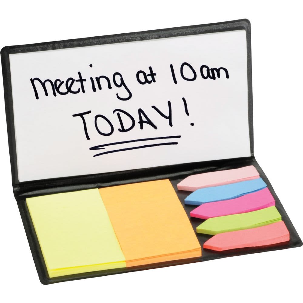 A slimline sticky memo holder with yellow, pink, and blue sticky notes, featuring a writable whiteboard surface. Slimline Sticky Memo Holder - Image 1