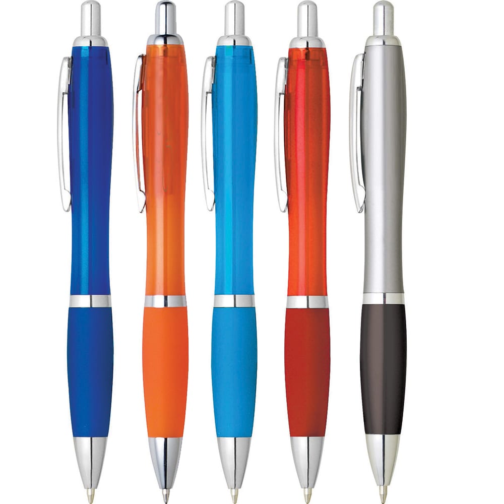 A collection of five plastic pens in blue, orange, turquoise, red, and silver, featuring a branding logo on each. The Nash Pen - Image 1