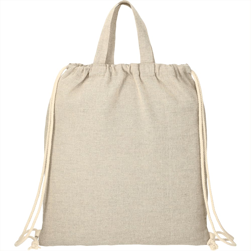 A neutral-coloured recycled cotton drawstring bag with rope closures and short handles, featuring a logo. Recycled Cotton Drawstring Bag - Image 1