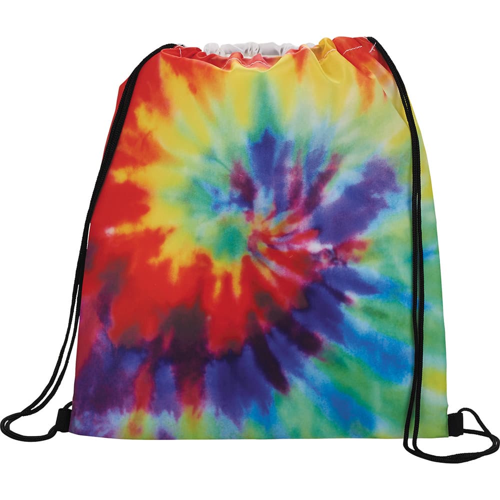 A tie-dye drawstring sportspack in vibrant colours of red, yellow, blue, and green, featuring a drawstring closure and logo. Tie Dye Drawstring Sportspack - Image 1