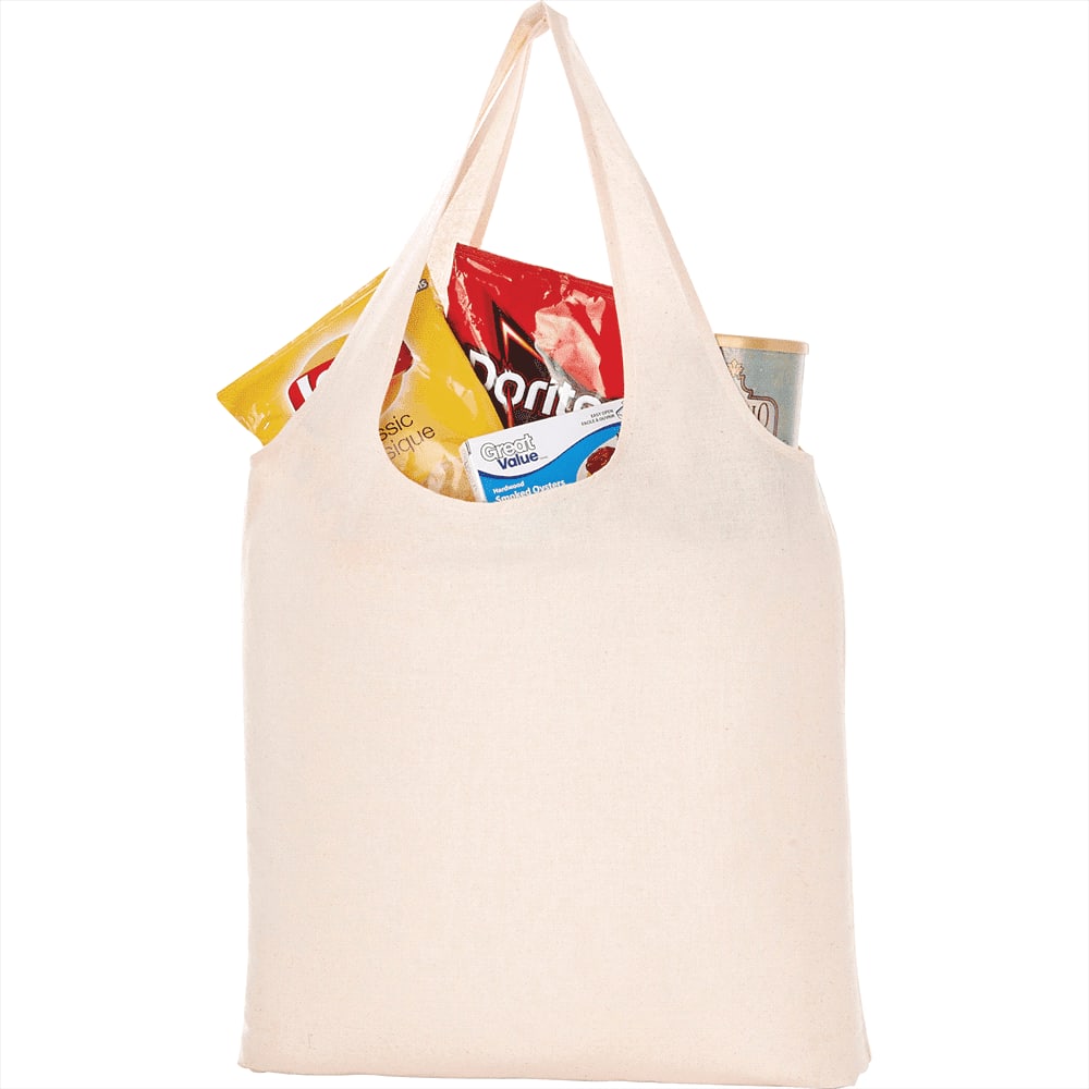 A cream-coloured canvas tote bag filled with snack items, featuring a logo. All-Purpose Cotton Canvas Tote - Image 1