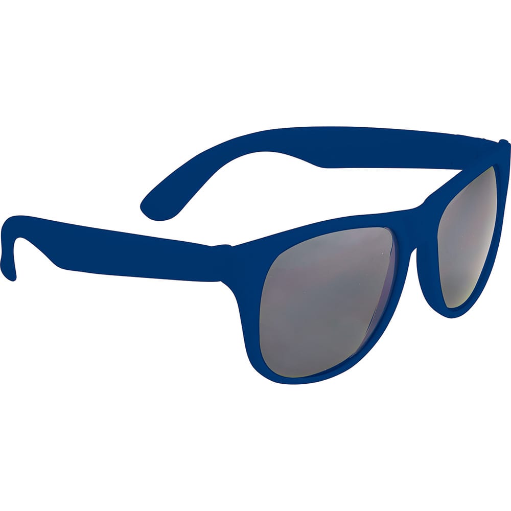Blue retro sunglasses with solid frames and mirrored lenses, featuring a logo on the side. Retro Promotional Glasses - Solid - Image 1