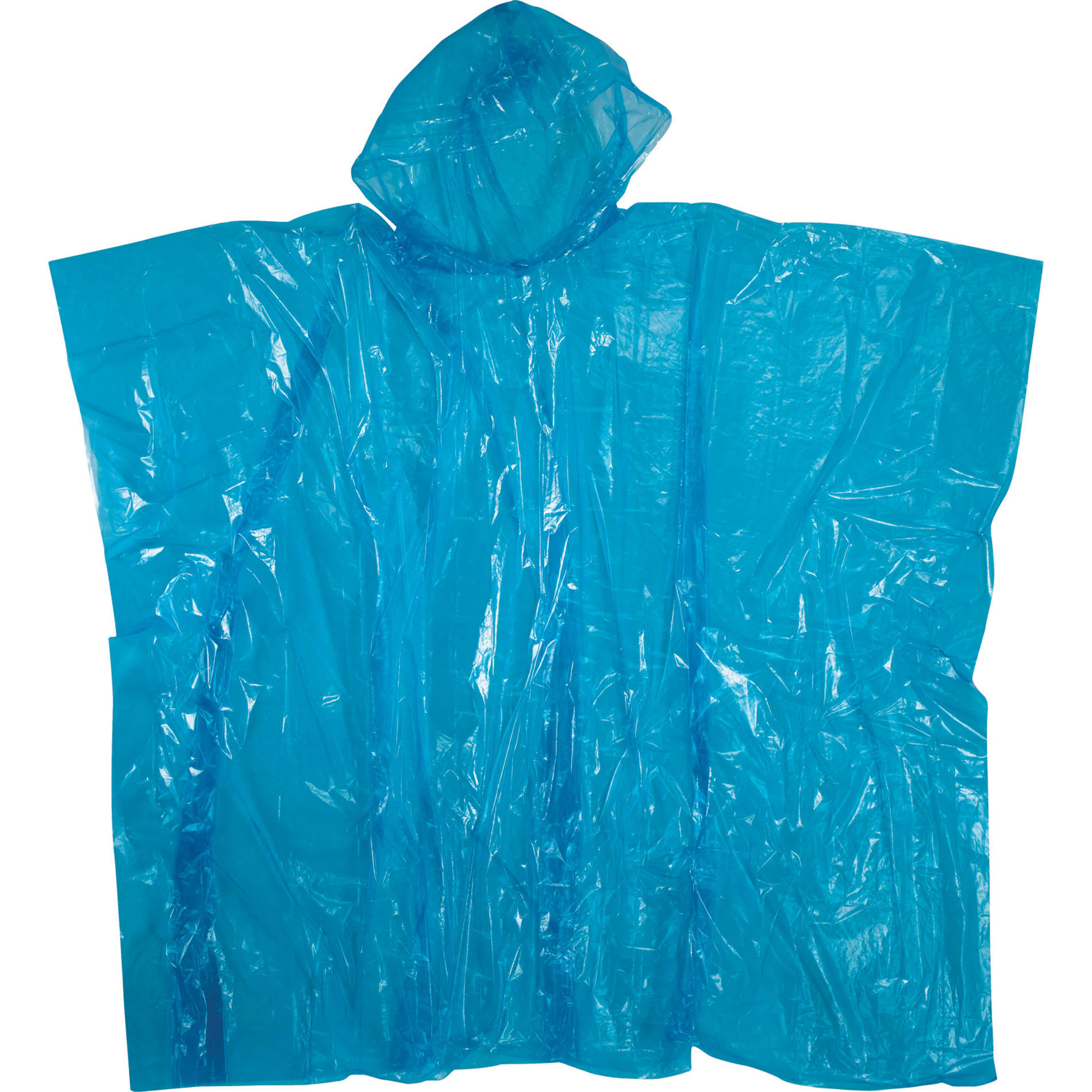 A lightweight, transparent blue disposable poncho with a hood, featuring an included logo. Rally Disposable Poncho - Image 1