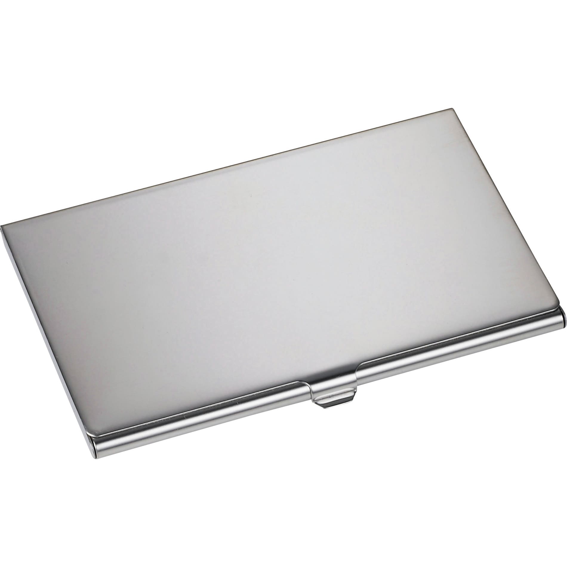 A silver business card holder with a sleek design and a clasp closure, featuring a subtle logo. Traverse Business Card Holder - Image 1