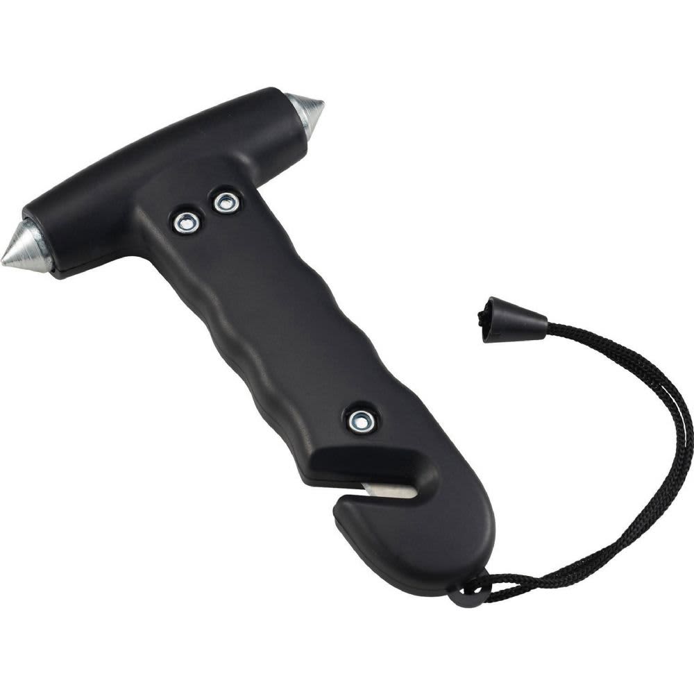 A black life-saving hammer with a textured handle and two metal points at the top, featuring a lanyard. Life-Saving Hammer - Image 1