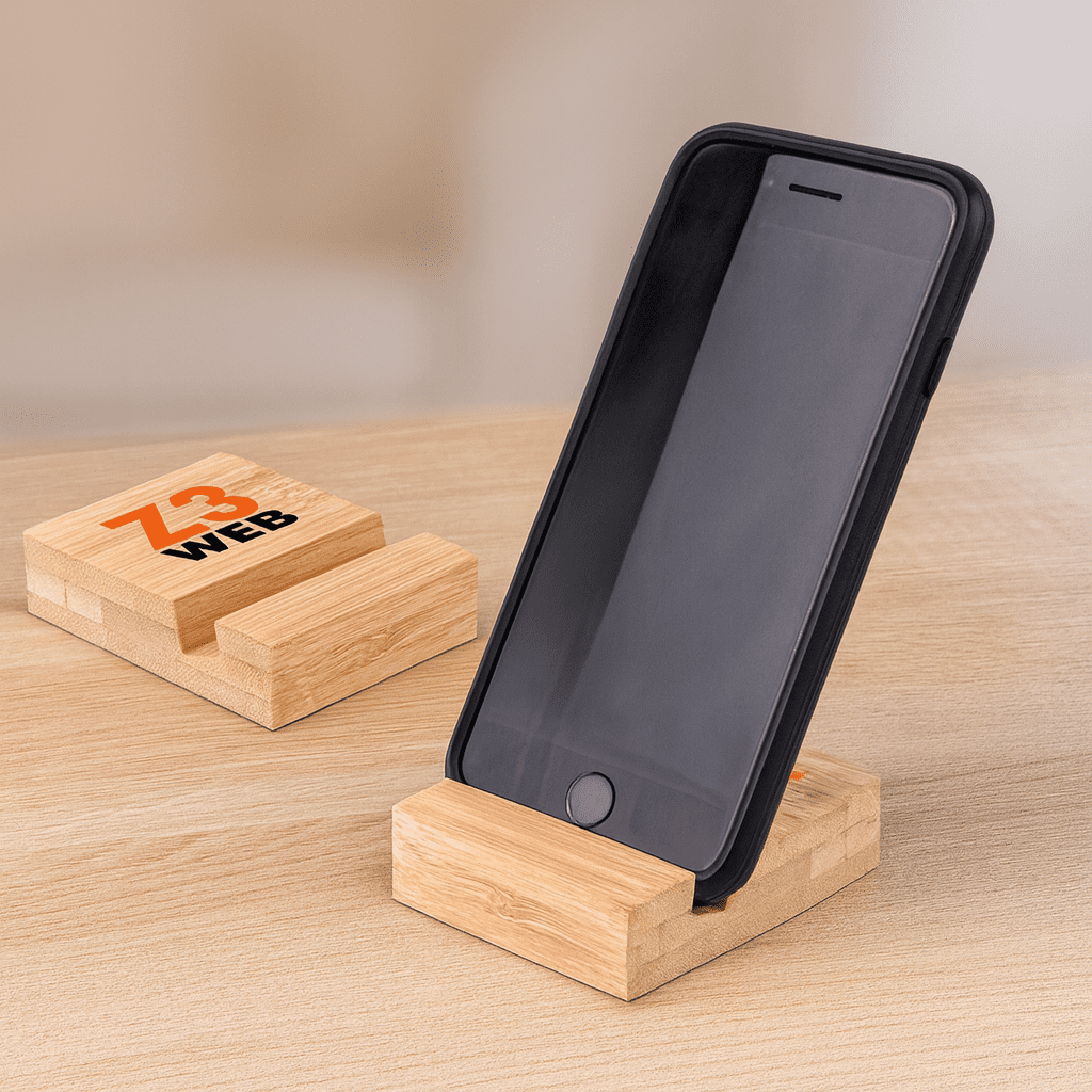 A bamboo phone holder with a black phone propped up, featuring a logo on the base, set on a wooden table. Bambu Phone Holder - Image 1