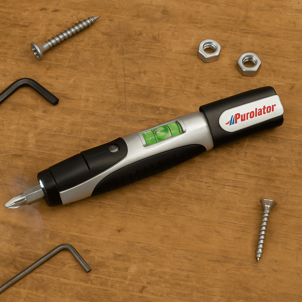 A flashlight tool kit with a level, featuring a black and silver body, surrounded by various screws and nuts. Flashlight Tool Kit with Level - Image 1