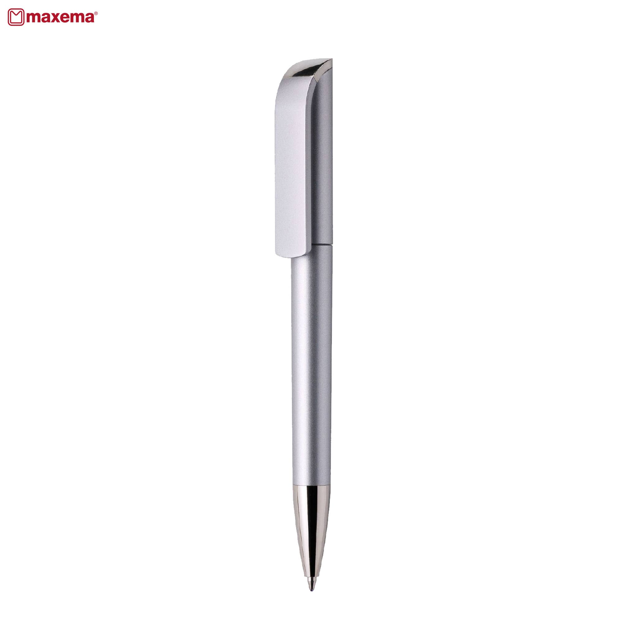 A silver plastic pen with a sleek design and a clip at the top. The pen has a branding logo on it. Tag AL CR - Image 1