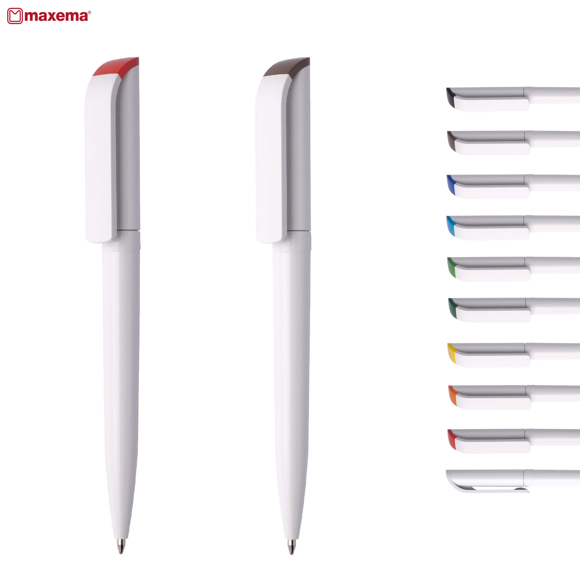 A collection of plastic pens in various colours, featuring a white body and a clip with contrasting caps. Tag Green B - Image 1