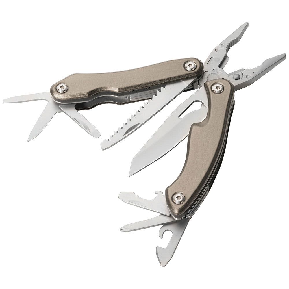 A multi-tool with pliers, blades, and various tools in grey and silver, featuring a branded logo. Trekk Deluxe Multi Tool - Image 1