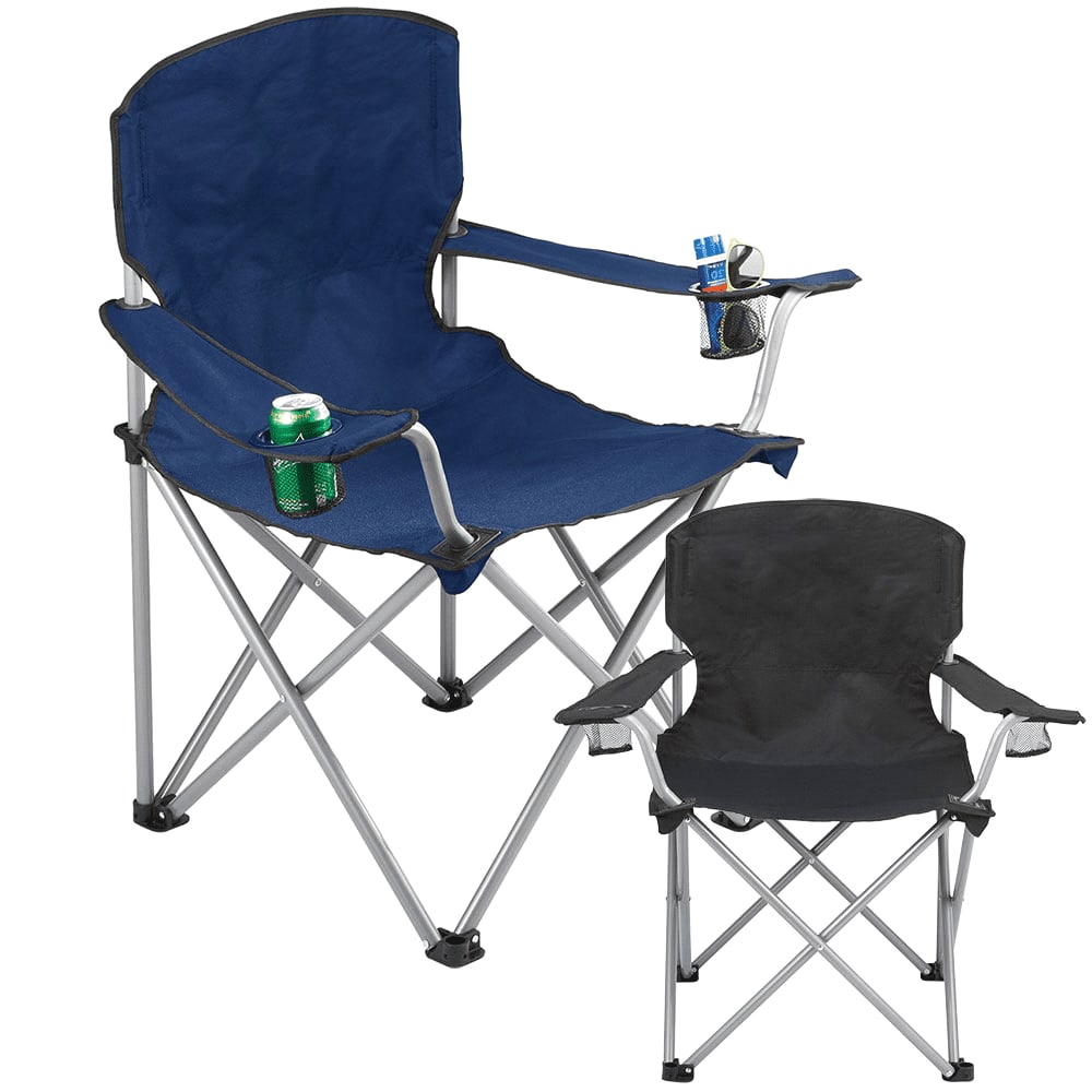 An oversized navy folding chair and a smaller black folding chair, both with cup holders. The chairs are made of fabric and metal. Oversized Folding Chair - Image 1
