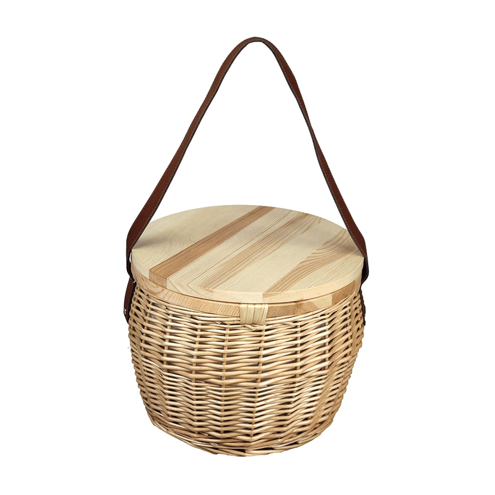 A wicker cooler basket in natural tones with a wooden lid and a brown shoulder strap. It features a branding logo. Portofino Trekk Wicker Cooler Basket 25L - Image 1
