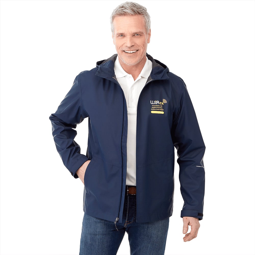 A navy rain jacket for men featuring a hood and a logo on the chest. The jacket is styled with a front zip. Cascade Jacket - Mens - Image 1
