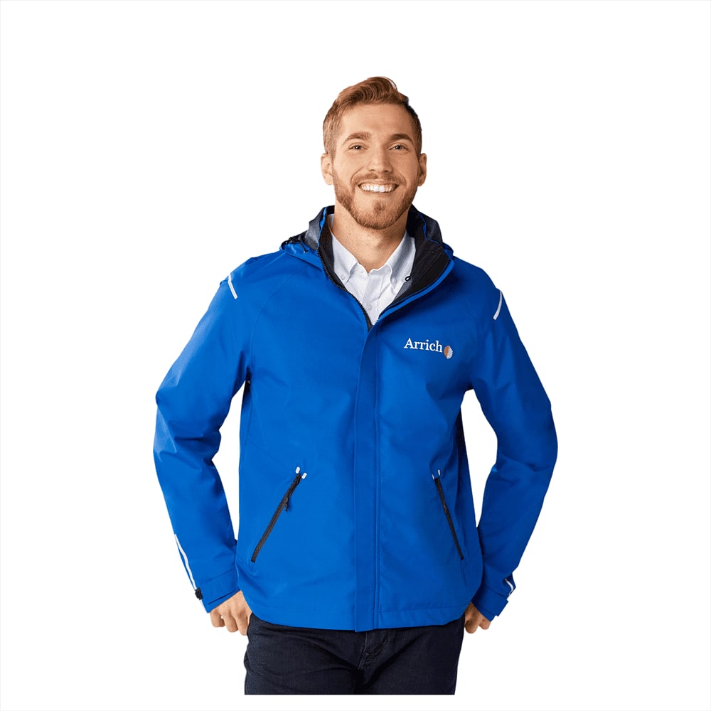A blue softshell jacket for men with a hood, featuring side pockets and a logo on the chest. Gearhart Softshell Jacket - Mens - Image 1