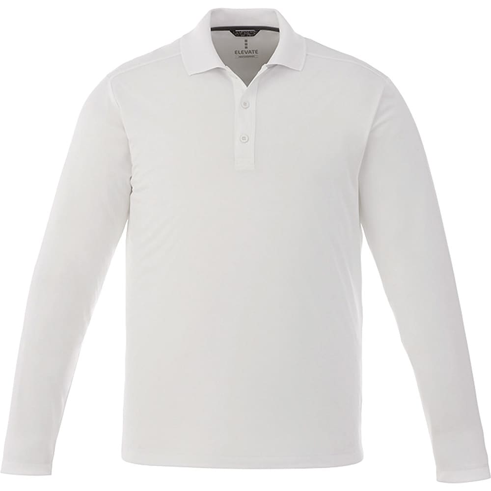 A long sleeve white polo shirt for men, featuring a collar and a placket with buttons, along with a logo. Mori Long Sleeve Polo - Mens - Image 1