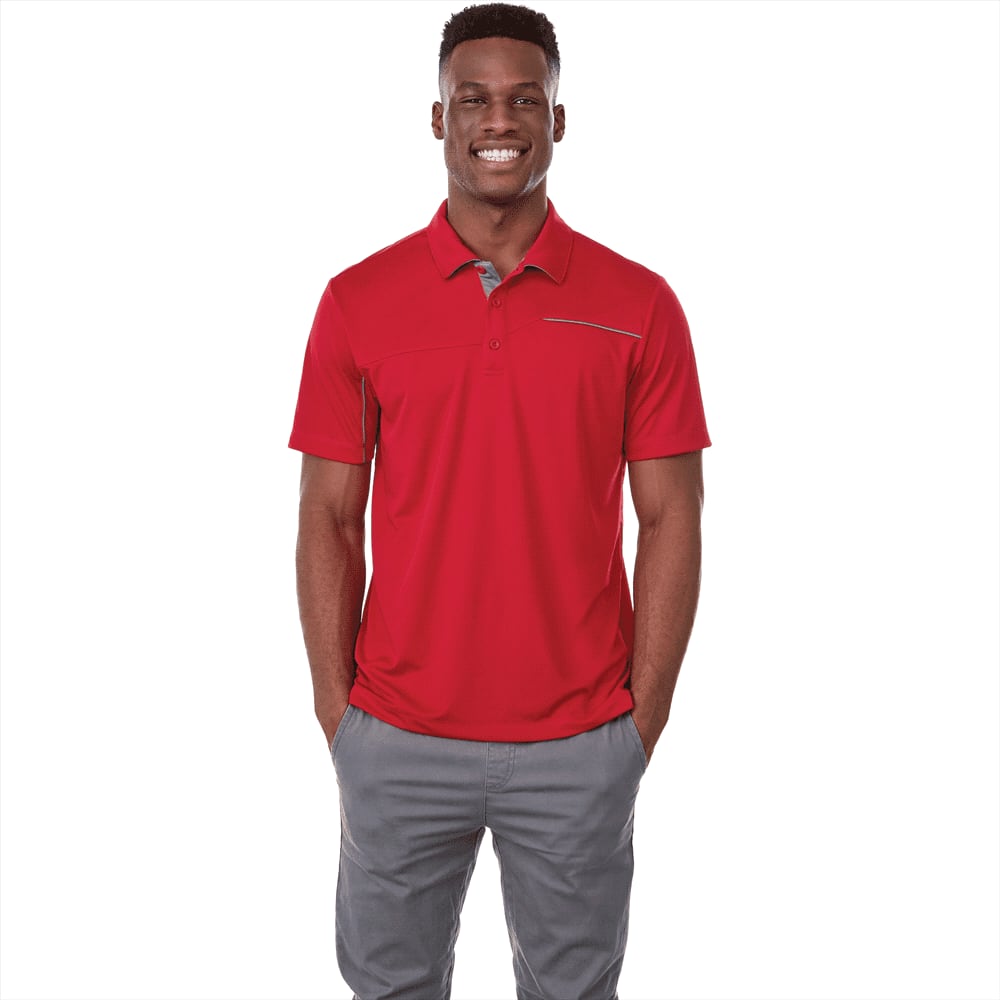 A men's short sleeve polo in red with a contrasting grey detail and a subtle logo. Wilcox Short Sleeve Polo - Mens - Image 1