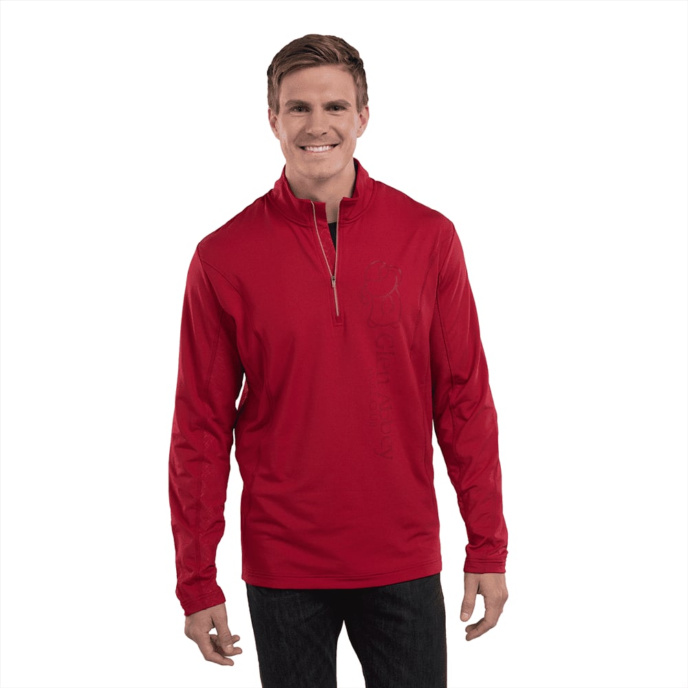 A men's red quarter zip jumper featuring long sleeves and a logo. Caltech Knit Quarter Zip - Mens - Image 1