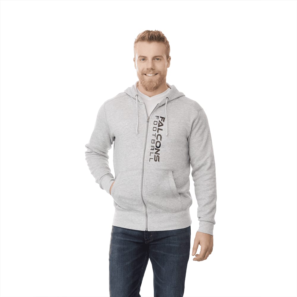 A grey fleece zip hoodie for men, featuring a logo and a kangaroo pocket. Worn by a smiling man with a casual look. Cypress Fleece Zip Hoody - Mens - Image 1