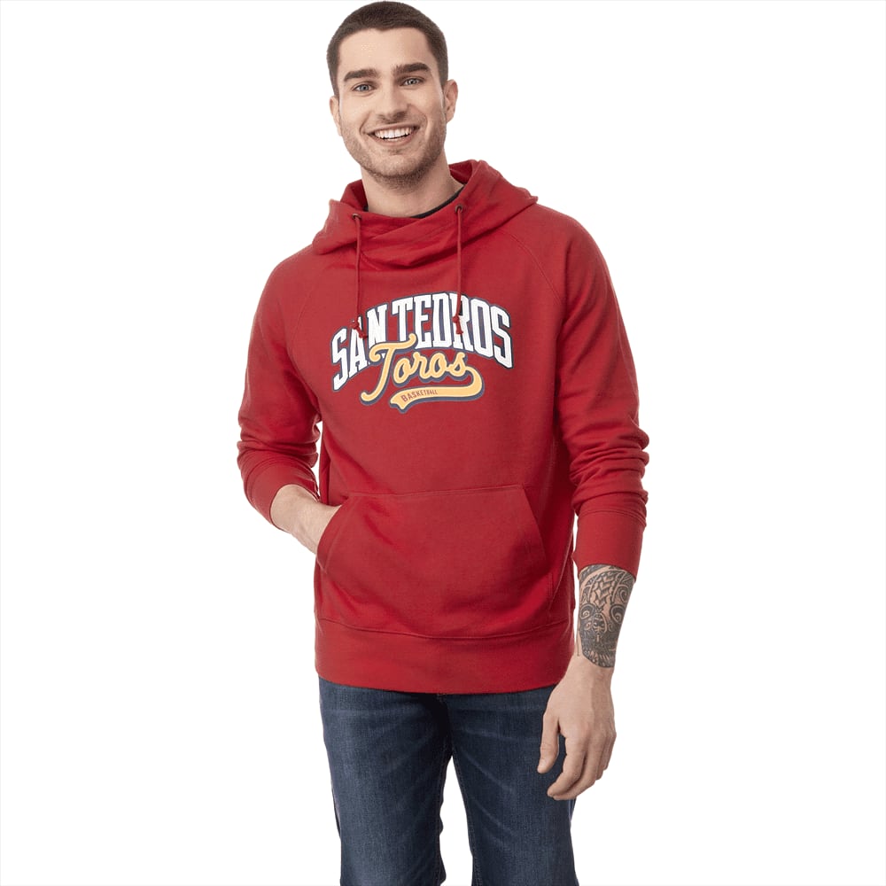 A red fleece hoody with a front pocket and a logo, worn by a smiling man. Dayton Fleece Hoody - Mens - Image 1