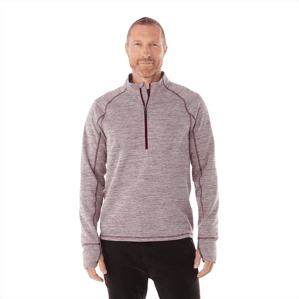A grey and burgundy men's half zip knitted jumper with a logo. The design features a high collar and long sleeves. Crane Knit Half Zip - Mens - Image 1