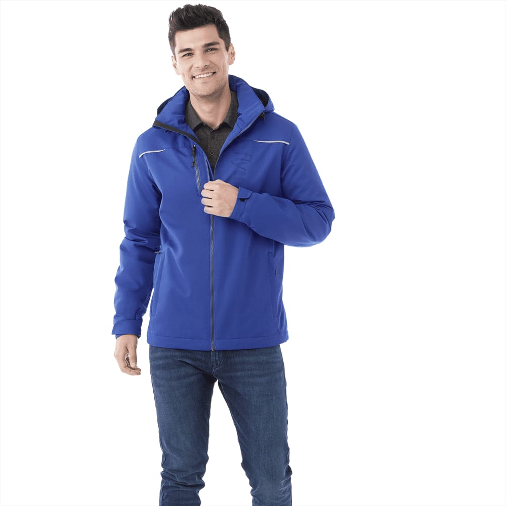 A men's fleece-lined jacket in blue, featuring a zip front and a hood, along with a logo on the front. Colton Fleece Lined Jacket - Mens - Image 1