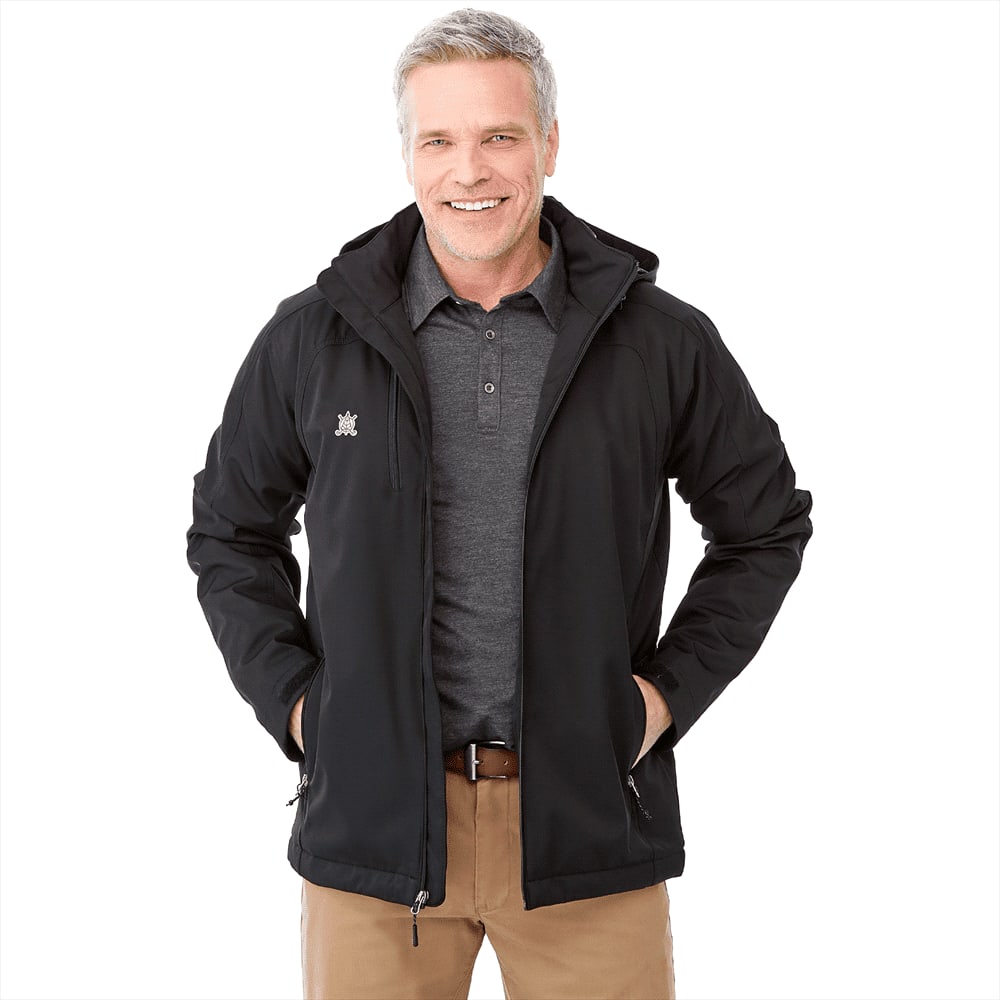 A man wearing a black Bryce Insulated Softshell Jacket with a hood, smiling and standing with hands in pockets. Bryce Insulated Softshell Jacket - Mens - Image 1