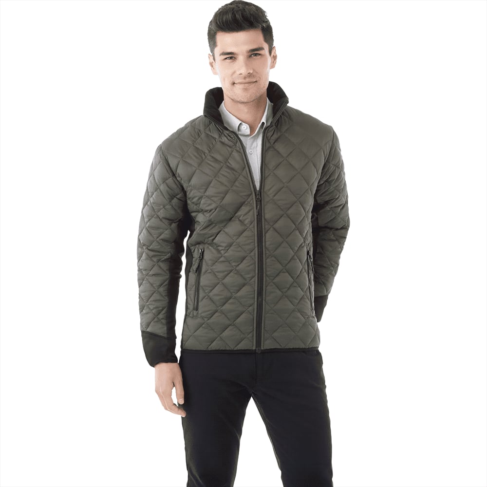 A men's insulated jacket in olive green with a quilted pattern and a black collar, featuring a logo. Rougemont Hybrid Insulated Jacket - Mens - Image 1