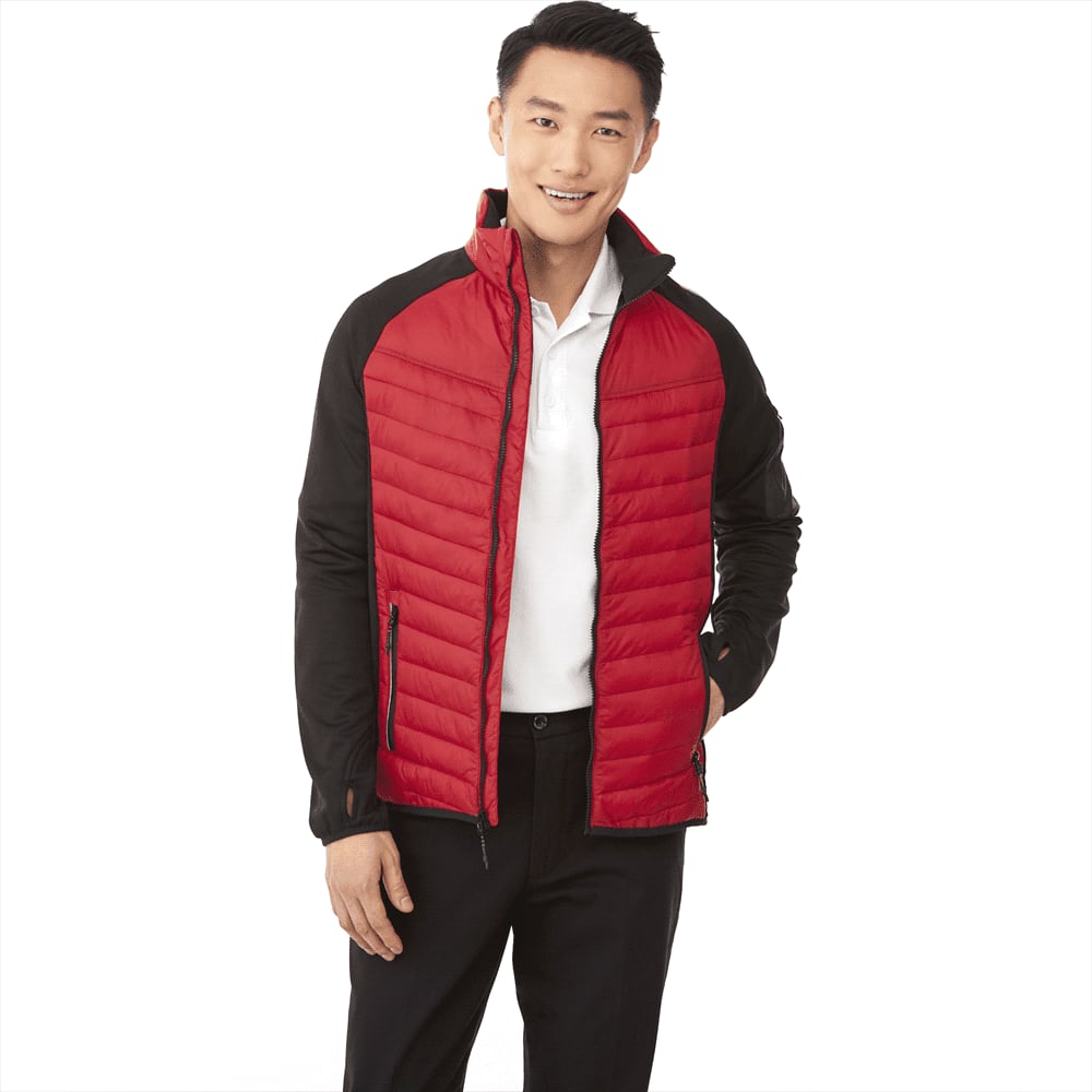 A men's hybrid insulated jacket featuring red and black colours, with a stand-up collar and zippered pockets. Banff Hybrid Insulated Jacket - Mens - Image 1