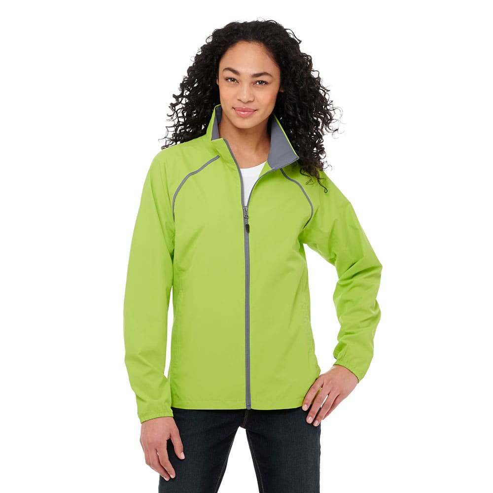 A women’s packable rain jacket in bright green with a zip front, featuring a logo and grey accents. Egmont Packable Jacket - Womens - Image 1