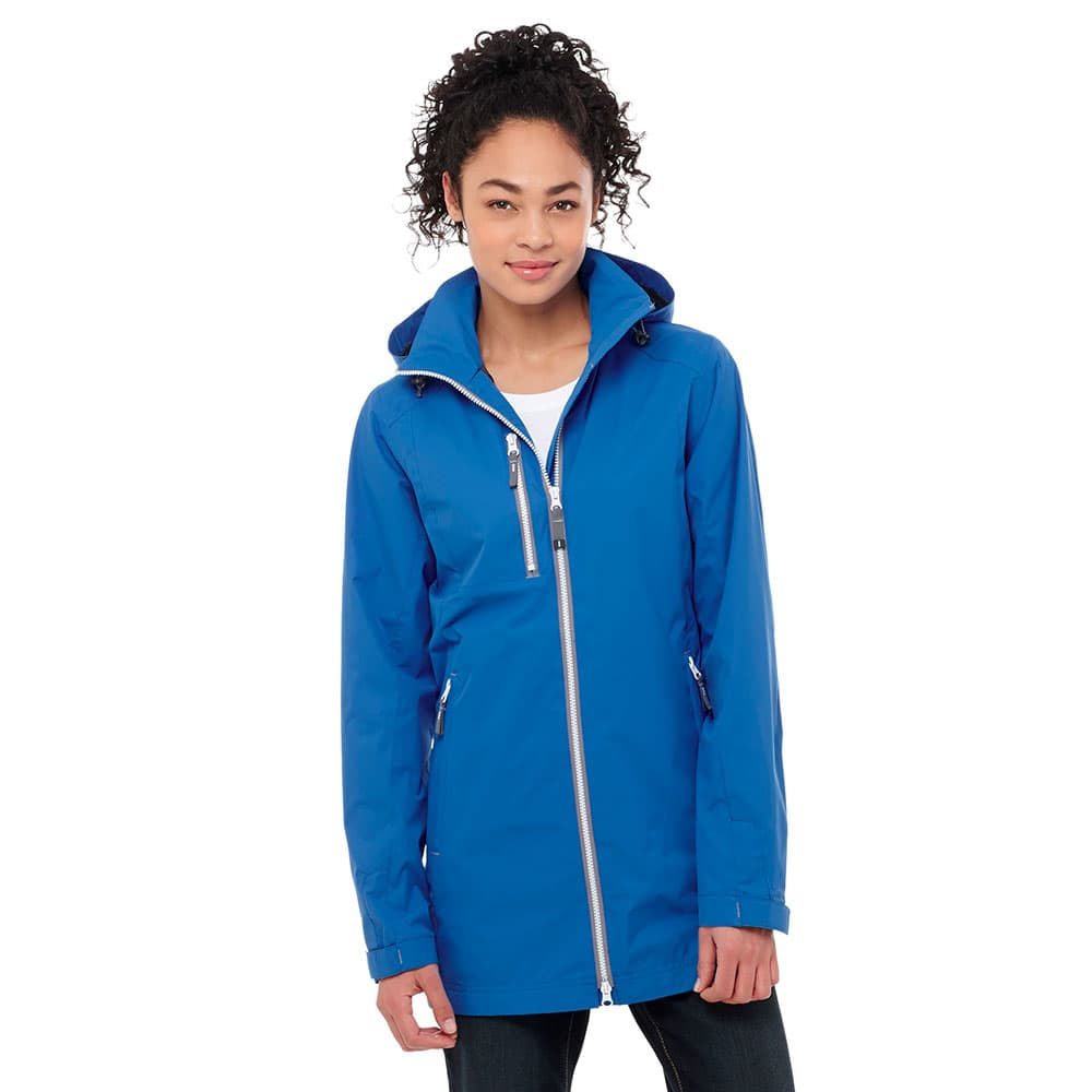 A blue women's rain jacket featuring a zippered front, a hood, and a logo on the chest. Ansel Jacket - Womens - Image 1