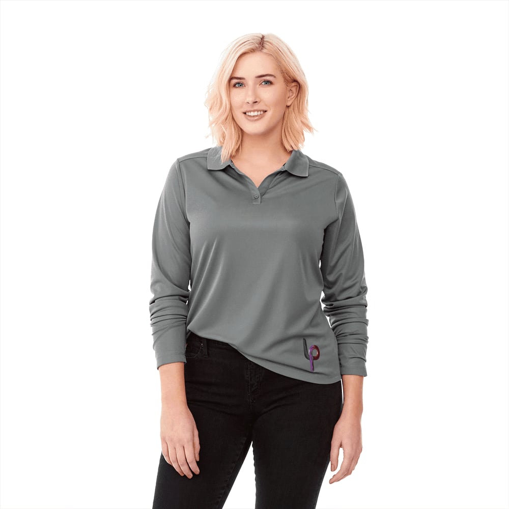 A women's long sleeve polo shirt in grey featuring a collar and a logo. Mori Long Sleeve Polo - Womens - Image 1