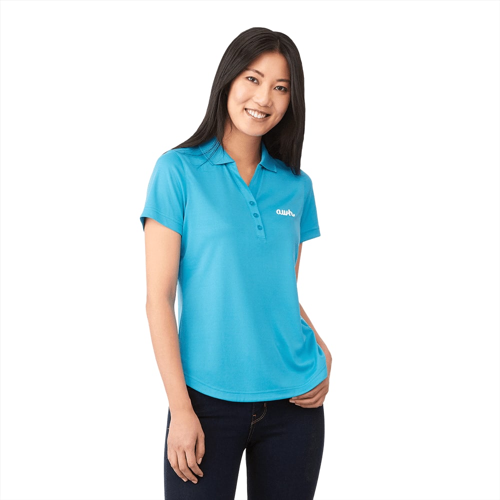 A turquoise women's polo shirt with a logo, featuring a short sleeve design and a collared neckline. Otis Short Sleeve Polo - Womens - Image 1
