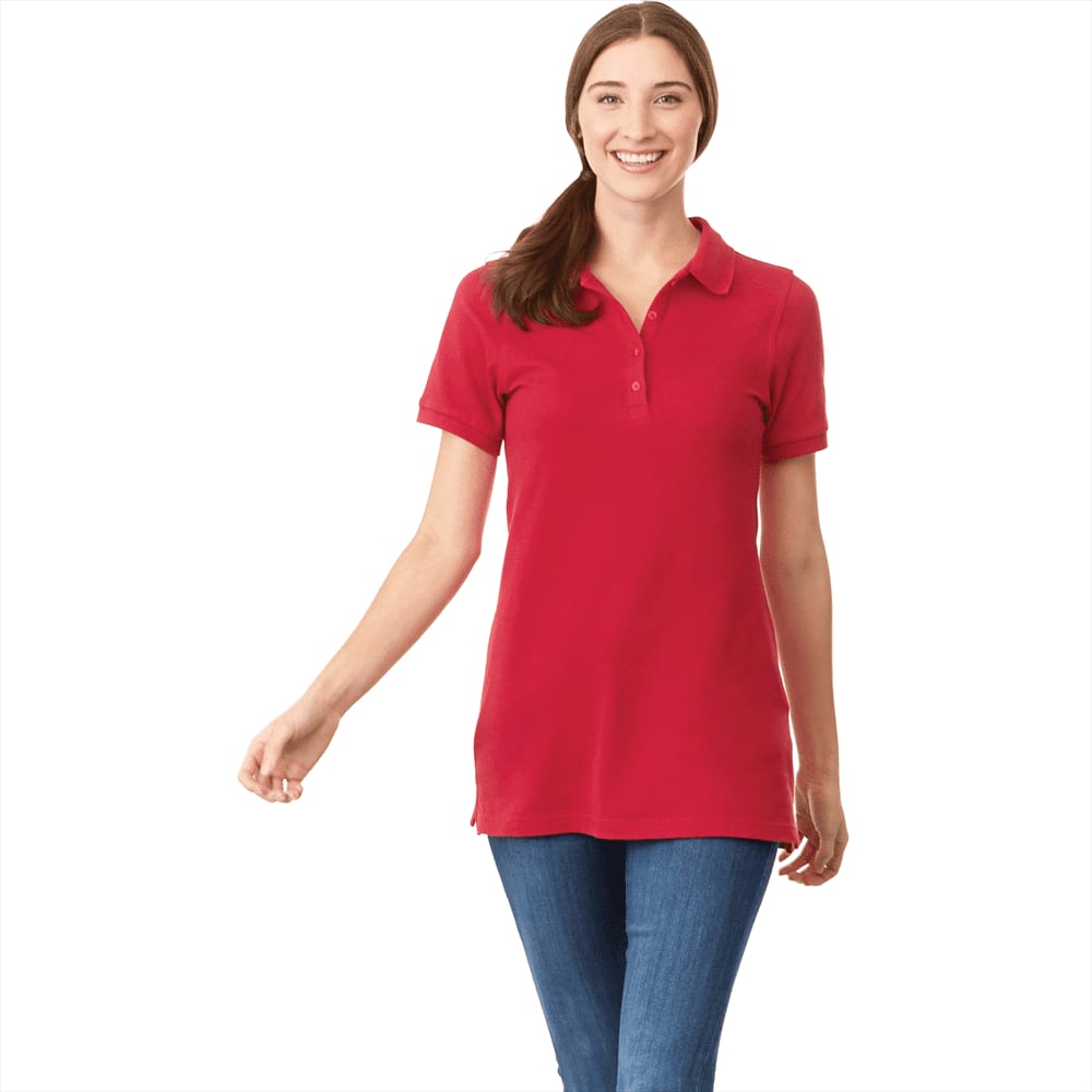 A red women's polo shirt with short sleeves and a collar, featuring a subtle logo. Suitable for casual wear. Belmont Short Sleeve Polo - Womens - Image 1