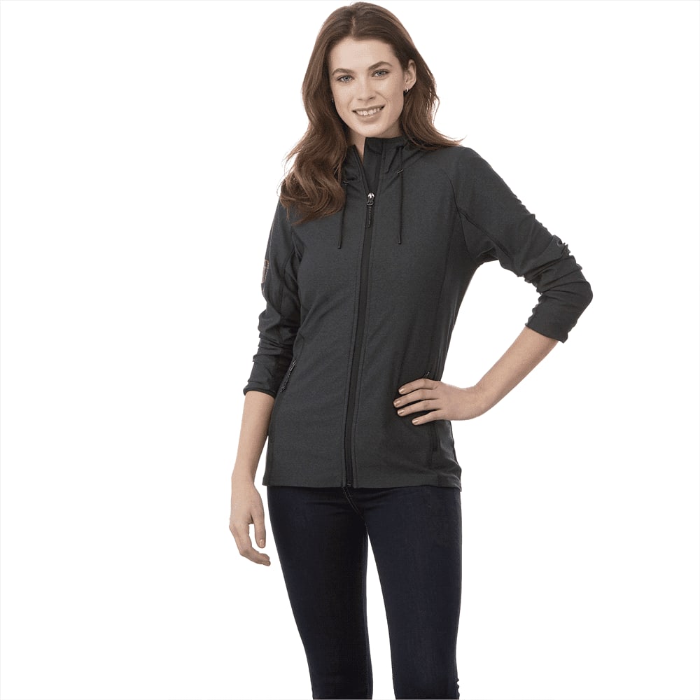 A women's Kaiser Knit Jacket in dark grey, featuring a zip front and a hoodie, styled with fitted sleeves. Kaiser Knit Jacket - Womens - Image 1