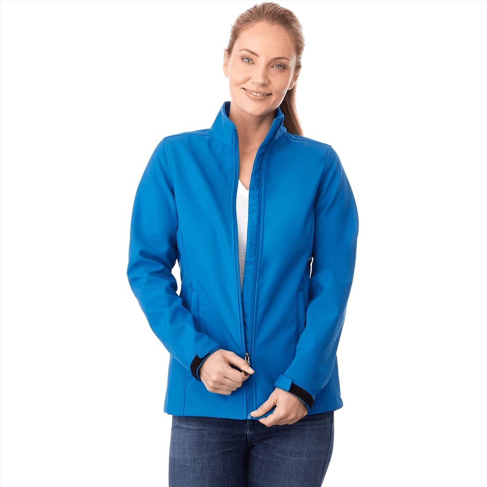 A blue women's softshell jacket with a zip front and a collar, featuring a logo. Maxson Softshell Jacket - Womens - Image 1
