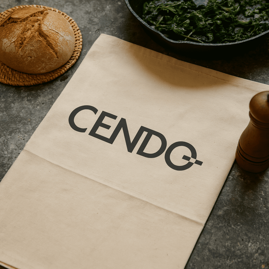 A cotton tea towel in a light cream colour featuring a logo, placed alongside bread and a bowl of greens. Cotton Tea Towel - Image 1