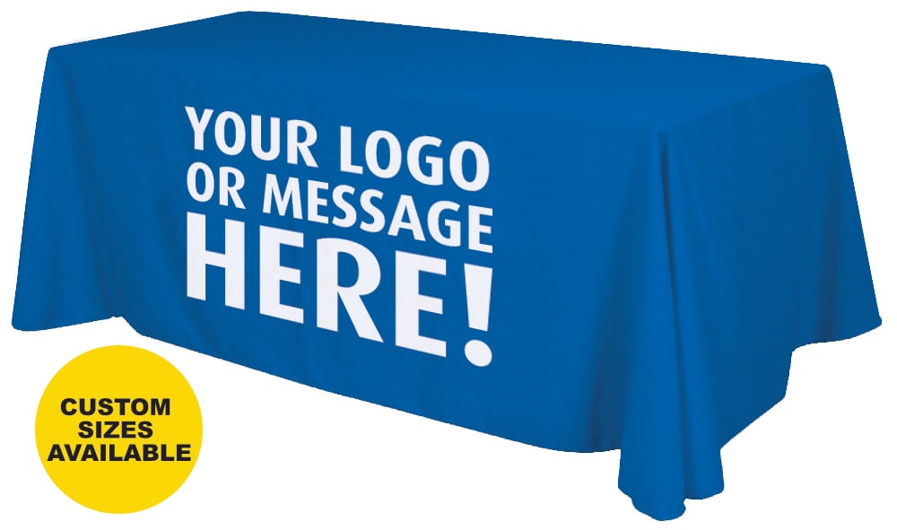 A blue table cover fits a 6-foot table, featuring space for logos or messages. It has a branding logo in one corner. 6 Foot Table Cover / Table Cloth - Image 1