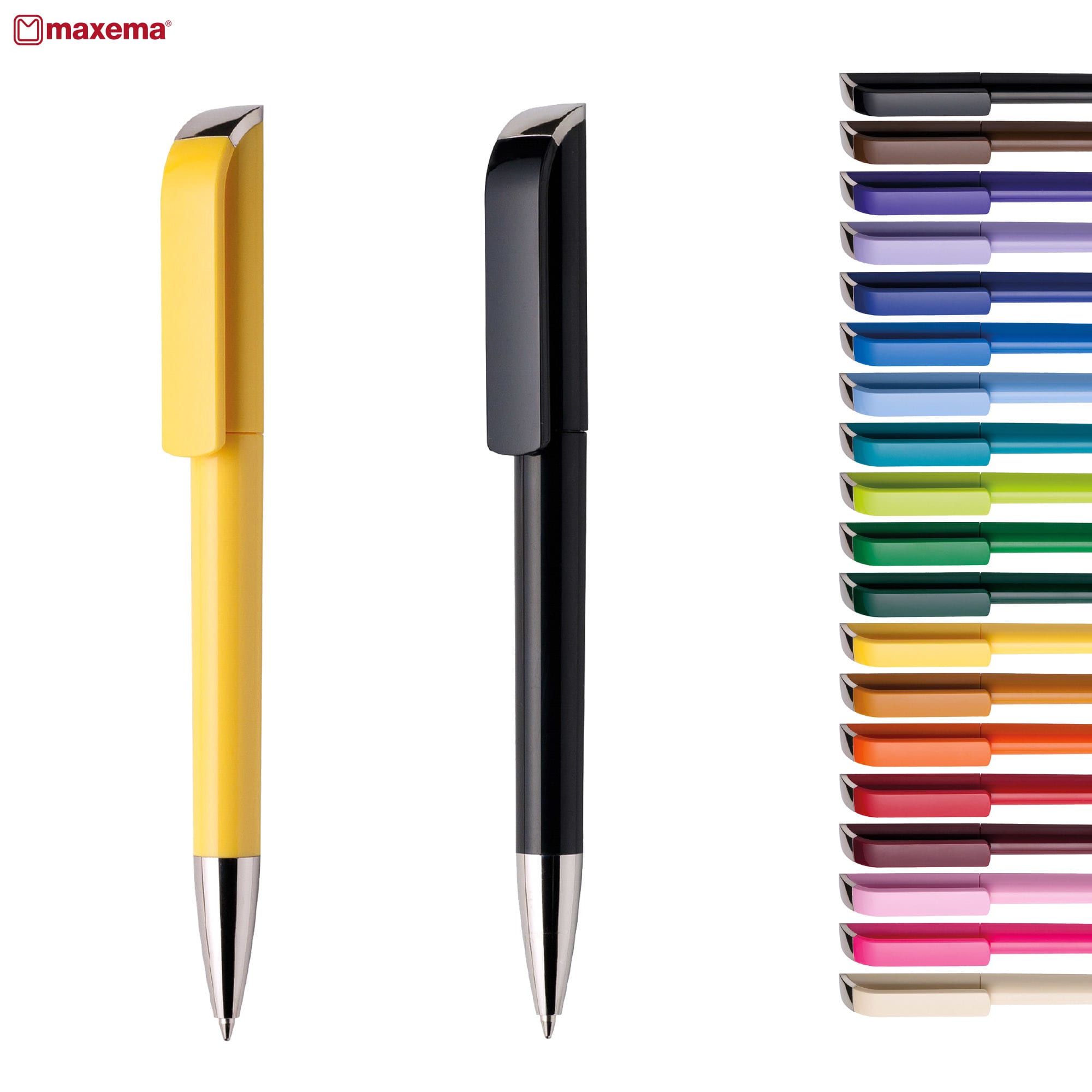 A range of plastic pens in various colours, including a yellow and black pen, with a logo in the corner. Tag C CR - Image 1