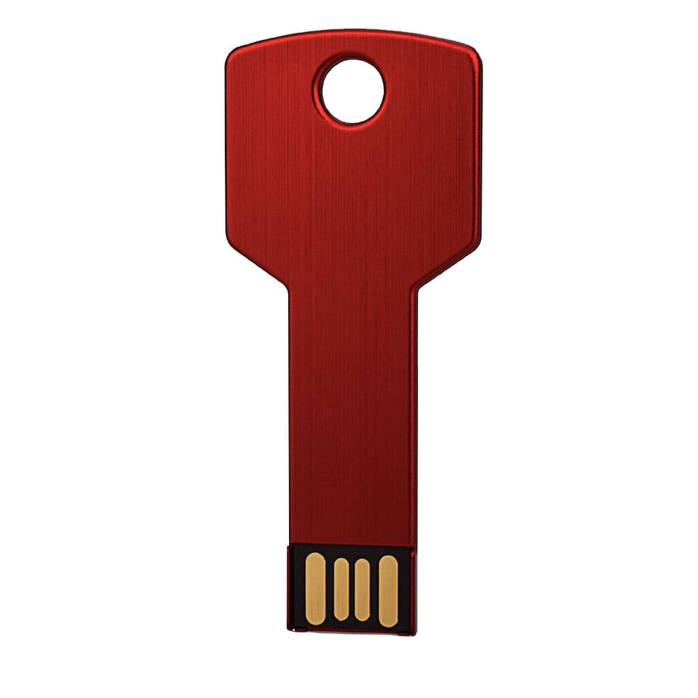 A red key-shaped USB flash drive with a gold connector and a hole for attachment. Features a logo. Key Shaped USB - 4GB - Locally Stocked - Image 1