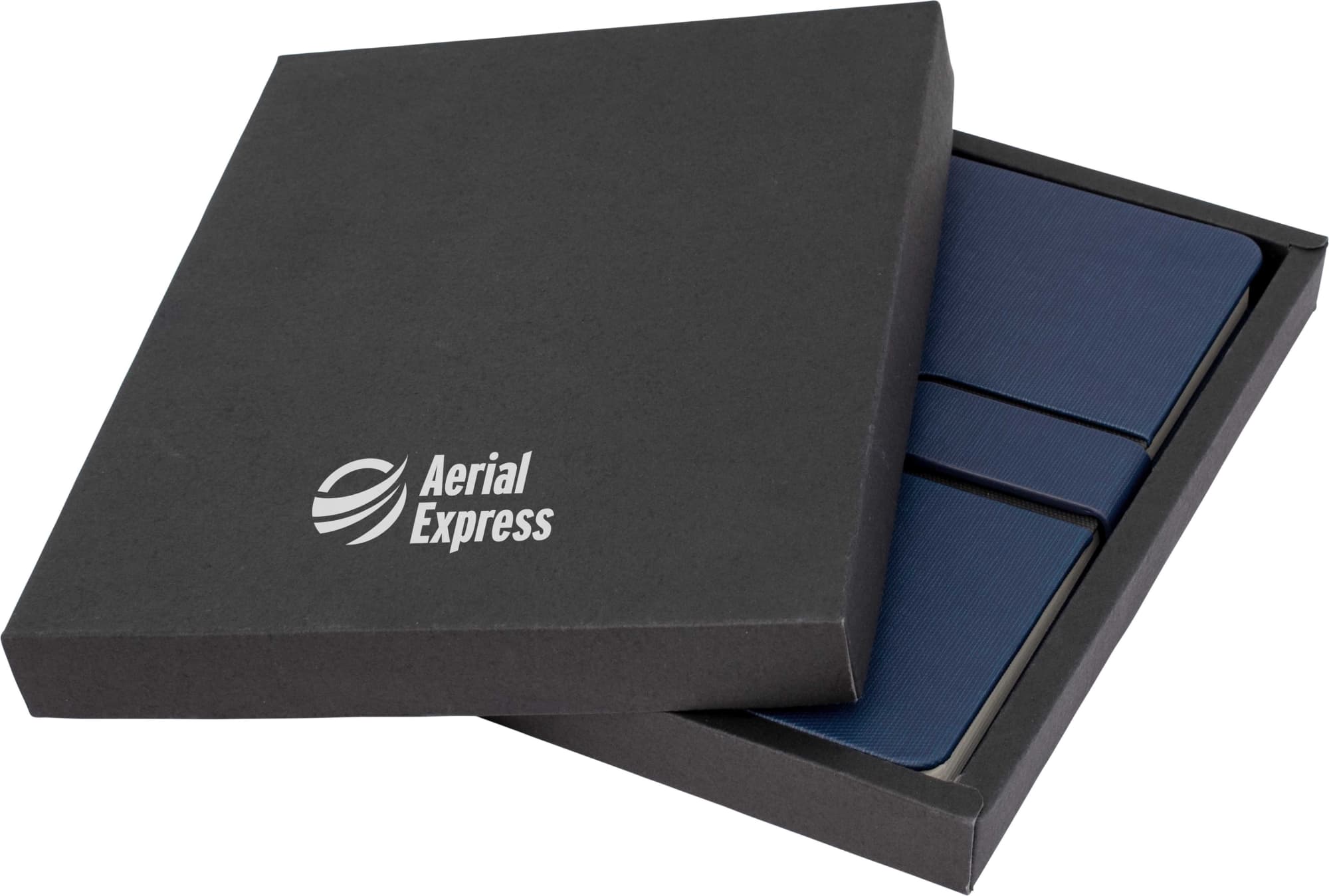 A gift box containing two navy A5 notebooks, presented in a sleek black packaging with a logo. Notebook Gift Box A5 - Image 1