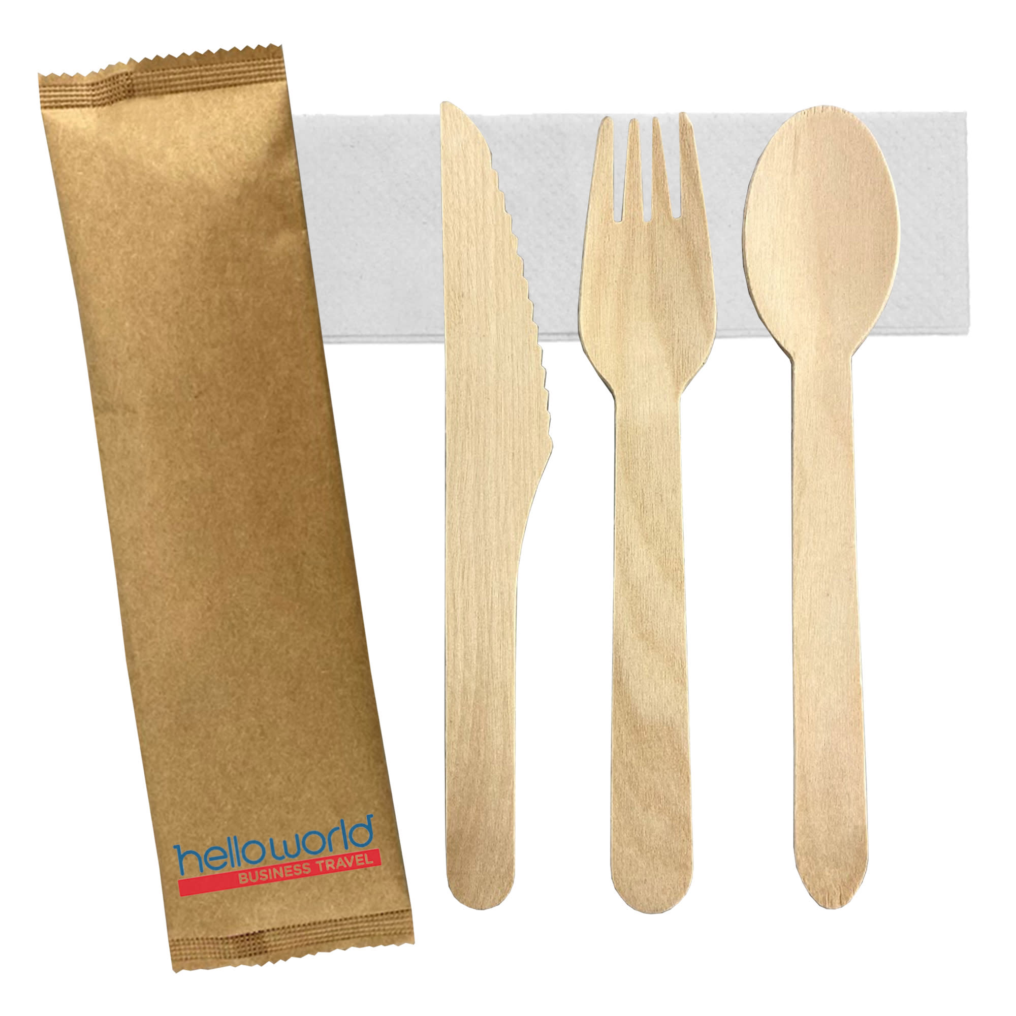 A wooden cutlery set with a knife, fork, and spoon in a brown wrapper. Features a logo on the packaging. 3pcs Wooden Cutlery Set - Image 1