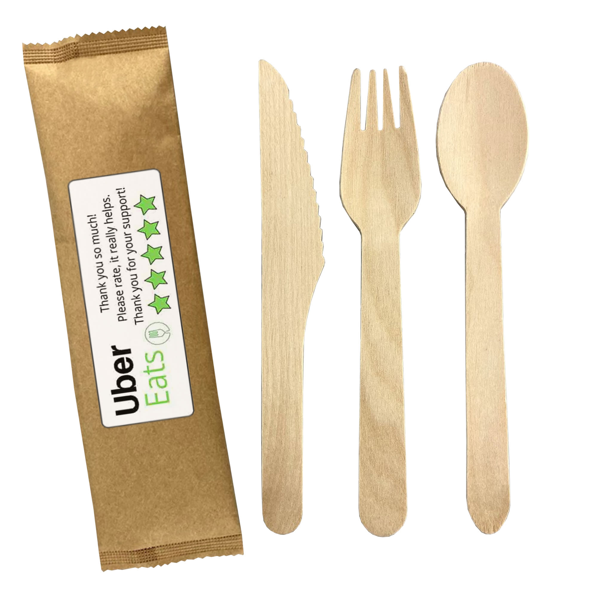 A wooden cutlery set featuring a knife, fork, and spoon, presented with a brown paper wrapper. 2pcs Wooden Cutlery Set - Image 1