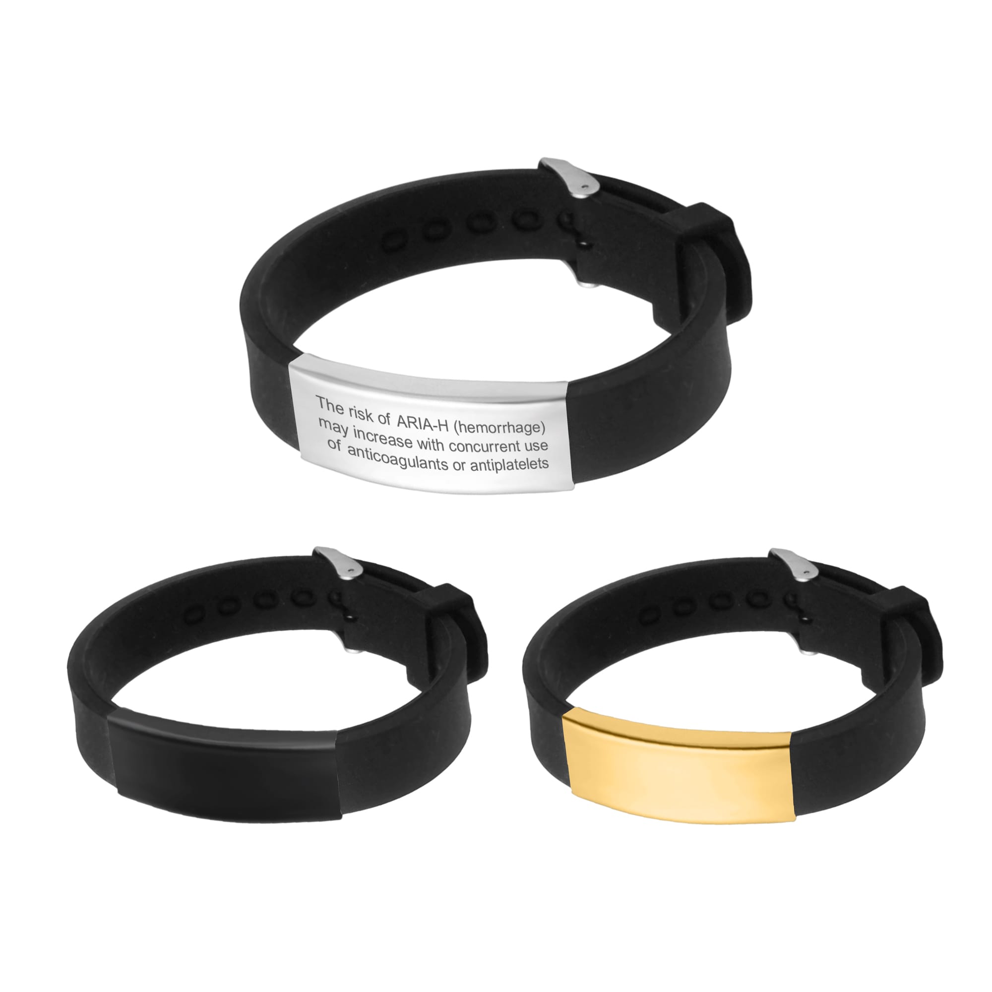Three engraved stainless steel bracelets in black, featuring different styles and finishes, with one having a gold accent. Engraved Stainless Steel Bracelet - Image 1