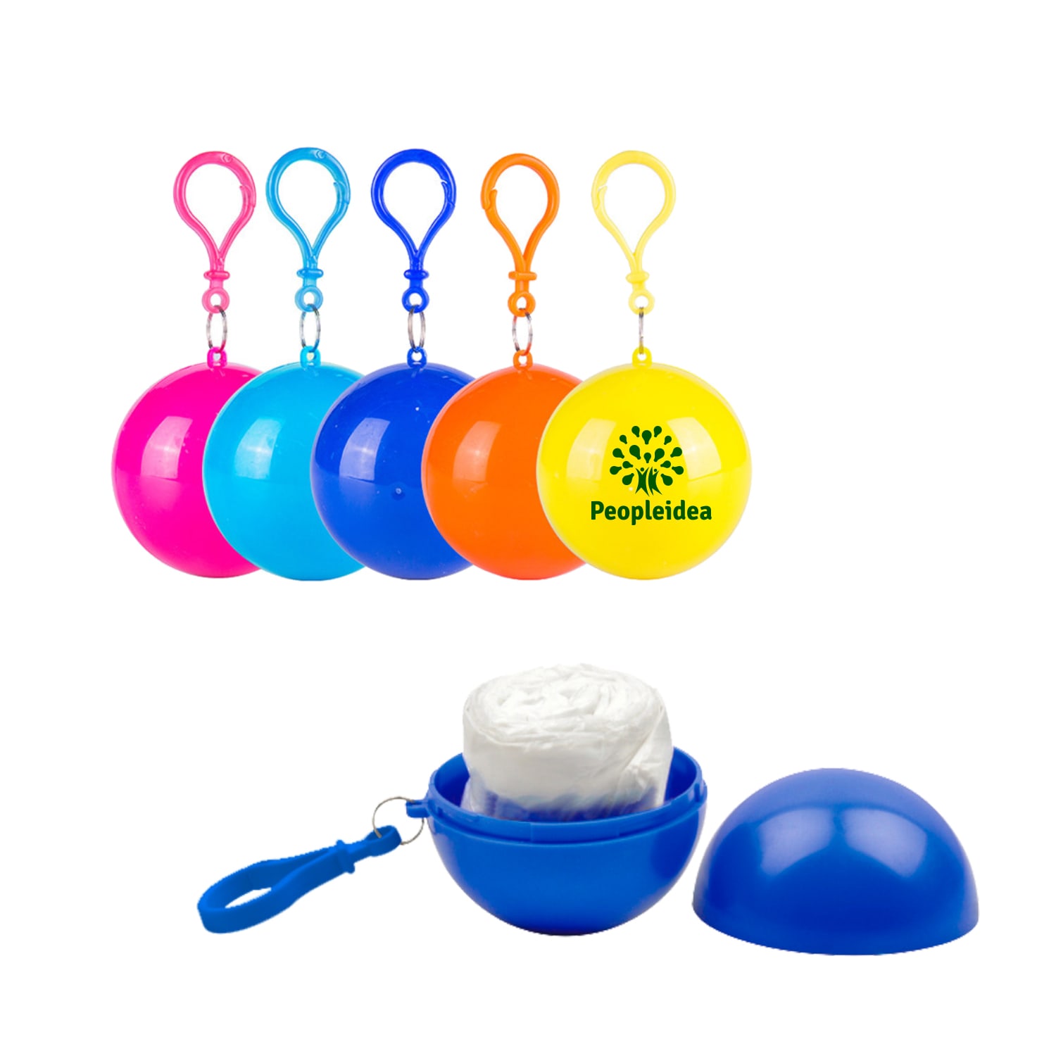 A set of colourful round containers in pink, blue, orange, and yellow, each containing a folded rain poncho. Rain Poncho Ball - Image 1
