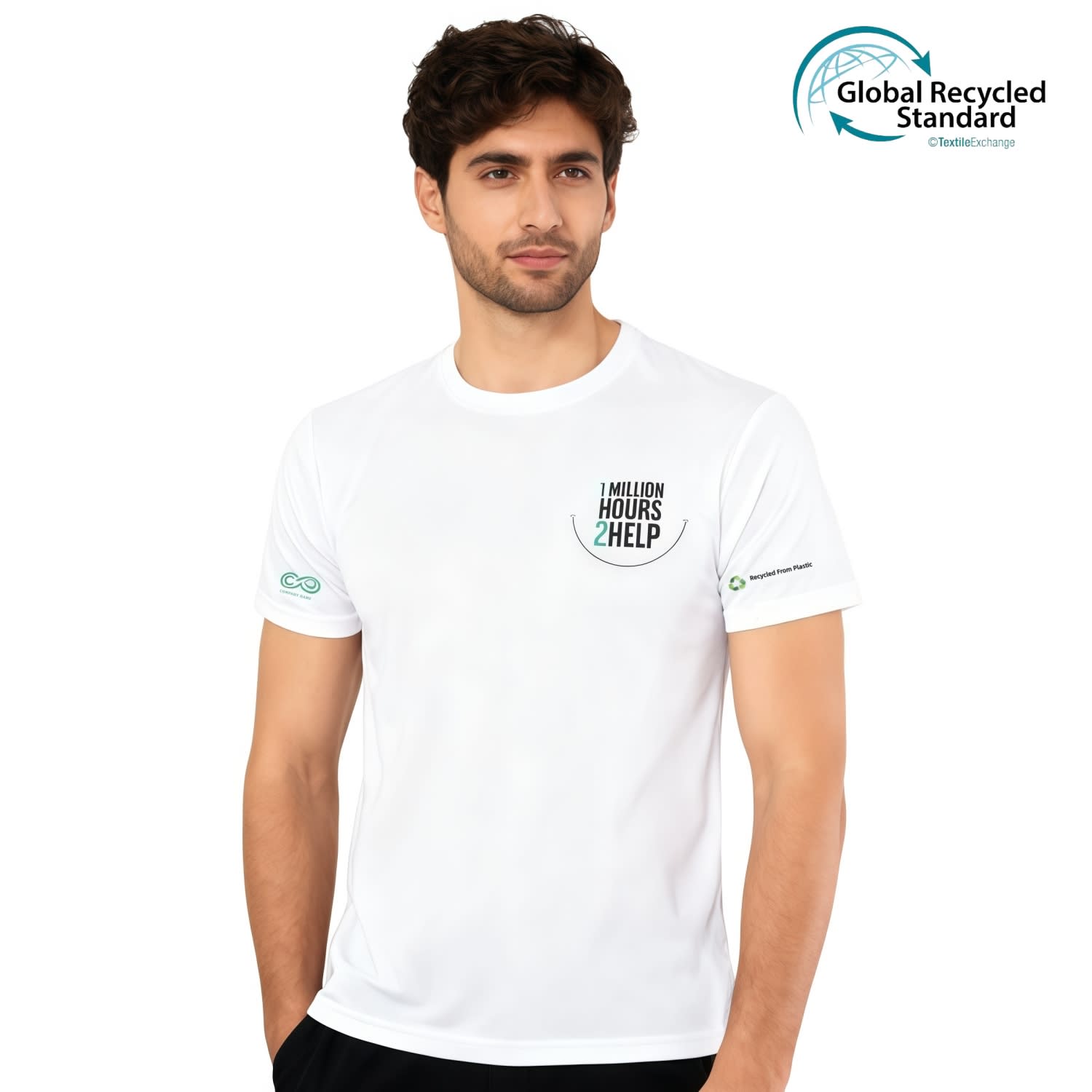 A white unisex tee shirt with a round collar and a logo, featuring a sustainable design. Unisex Adults RPET Sublimated Round-collar Tee Shirt - Image 1