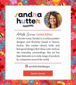 A vibrant floral background features a profile image of a designer, with text about limited edition artist series badges.