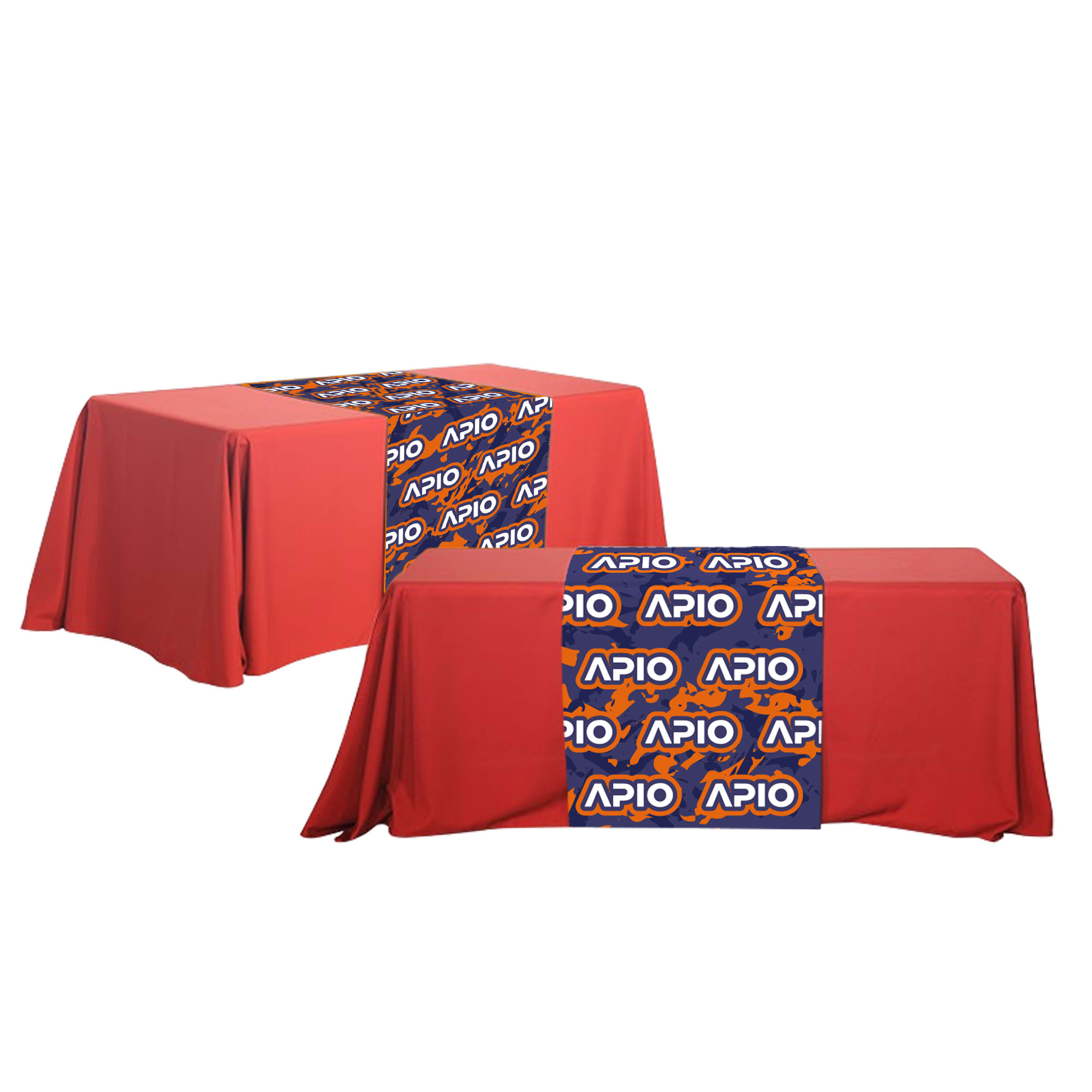 A red table runner with a central section featuring a logo on a blue background. Small Table Runner - Image 1